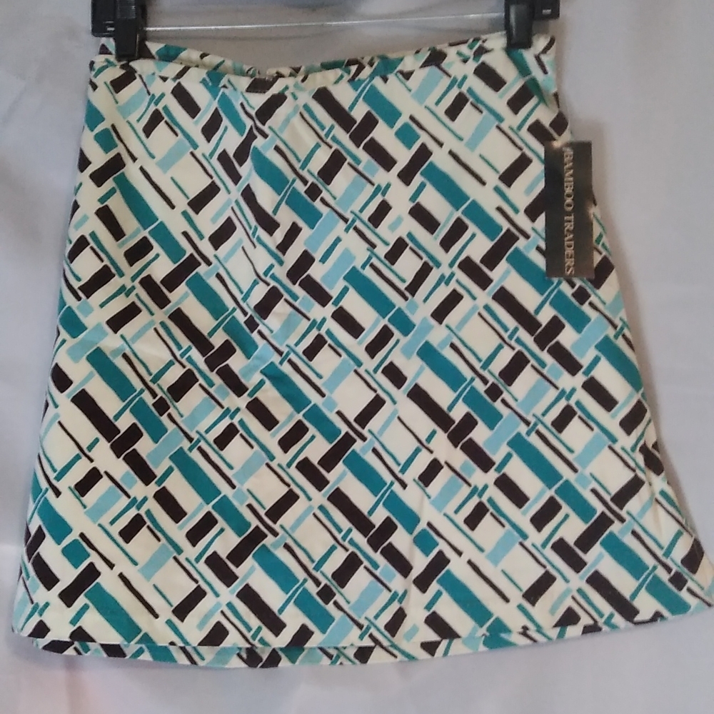 Bamboo Traders A-Line Skort /Shorts Art Deco Teal Stretch Cotton Size 14 NWT
